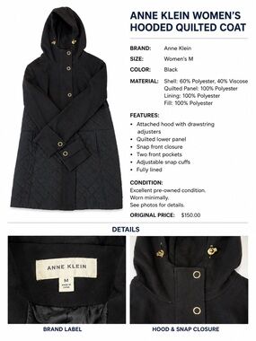 Anne Klein Black Hooded Quilted Peacoat with Gold-Tone Accents